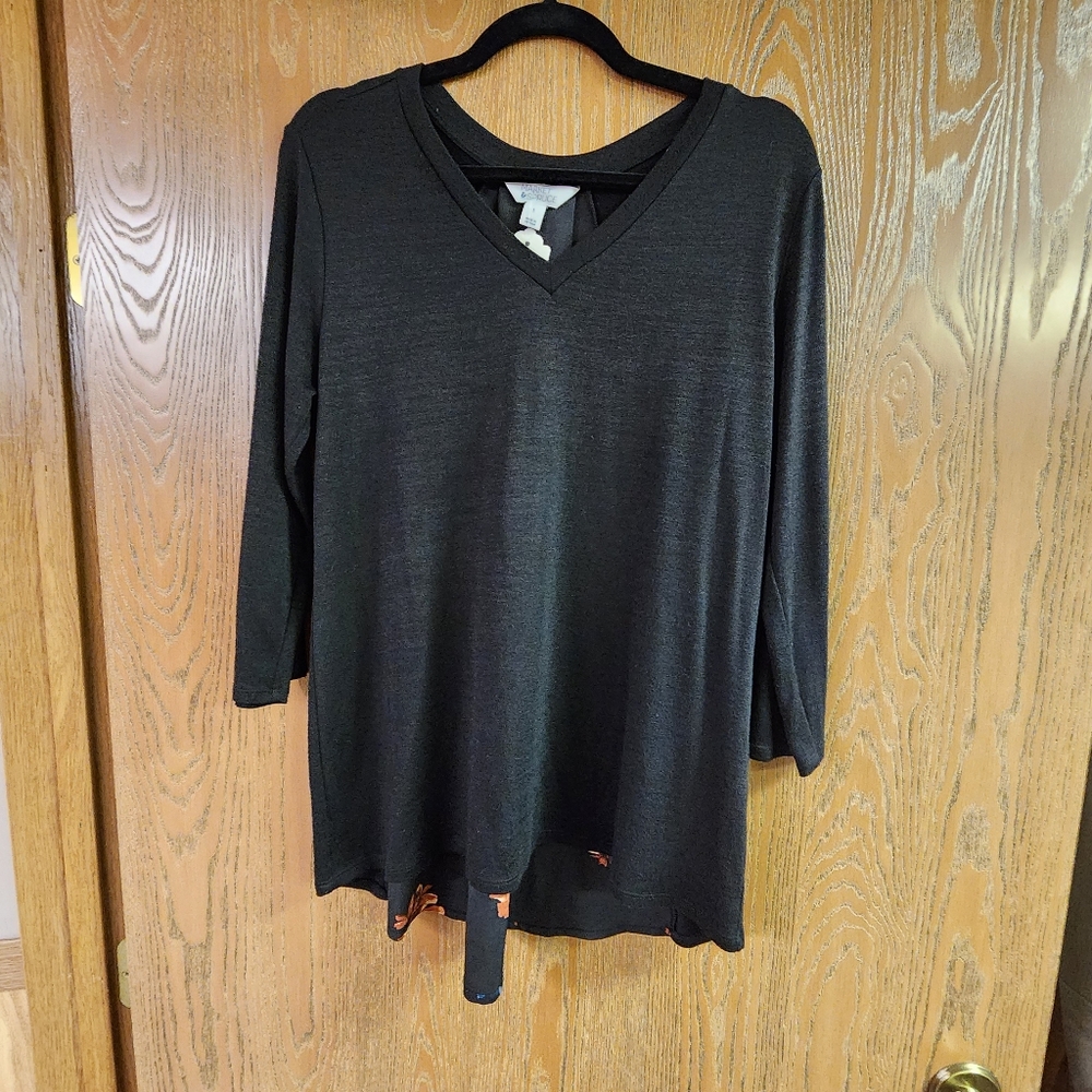 Market & Spruce black tunic top , black floral insert, women's large.